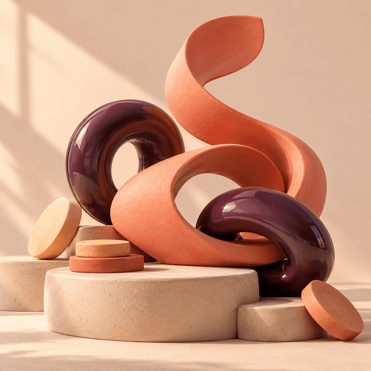 Coral ceramic ribbon, glossy plum loops and clay discs arranged as a sculptural flywheel